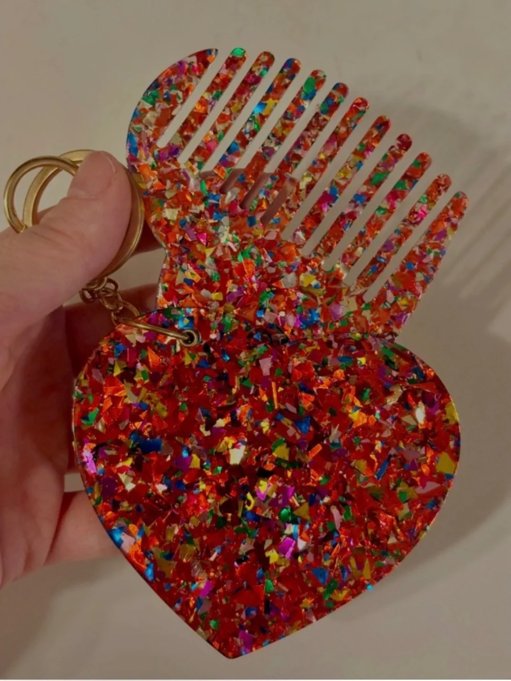 Set of 2 Heart Shaped Comb & Mirror Keychain Purse Confetti Travel Compact New